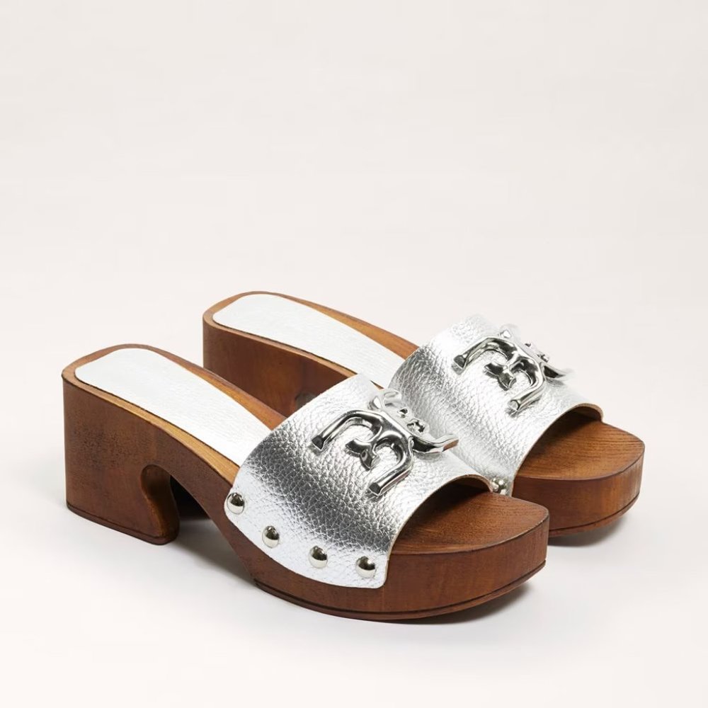 Sam Edelman Silver Metallic Leather Wood-Block Clog Mules